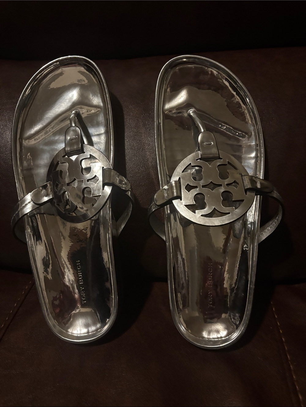 Tory Burch Metallic Silver Logo Thong Sandals